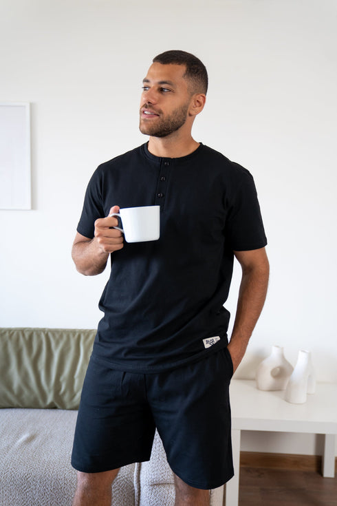 Men summer pajama set Black Buttoned Tee + Black Short